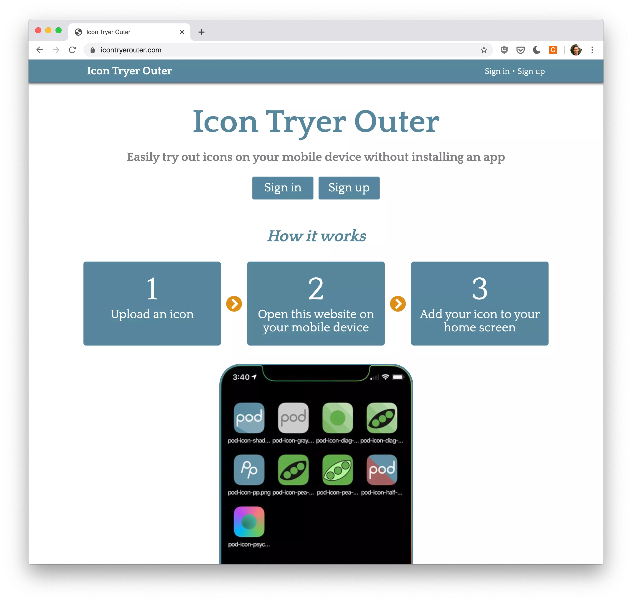 A screenshot of Icon Tryer Outer